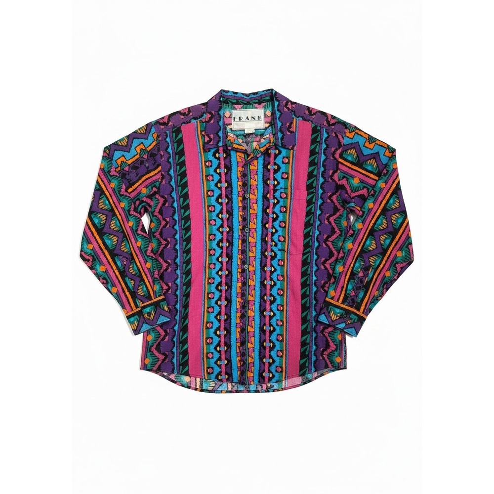 Frank Vintage Geometric Tribal Print Button Down Shirt Pink Purple Cotton Medium